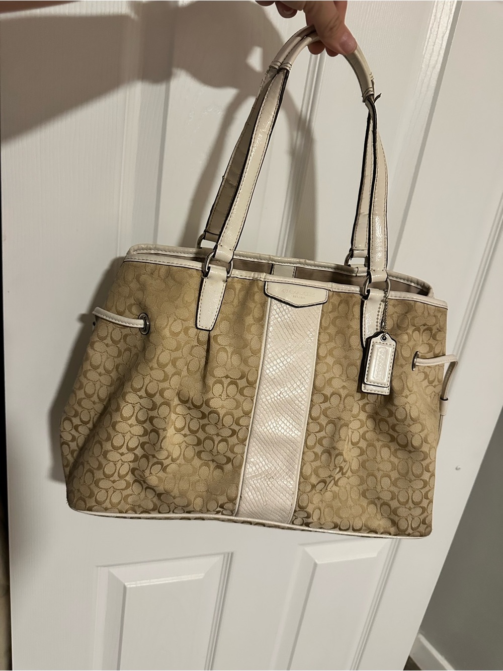 Coach signature stripe drawstring carryall shoulder bag